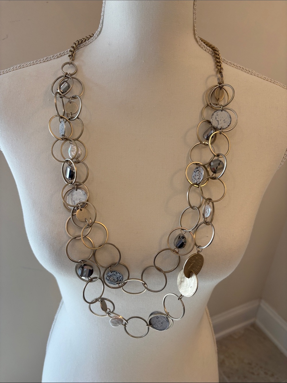 Chico's Silver & Gold-Tone Vintage Double Strand Coin Necklace w/ Mixed Discs